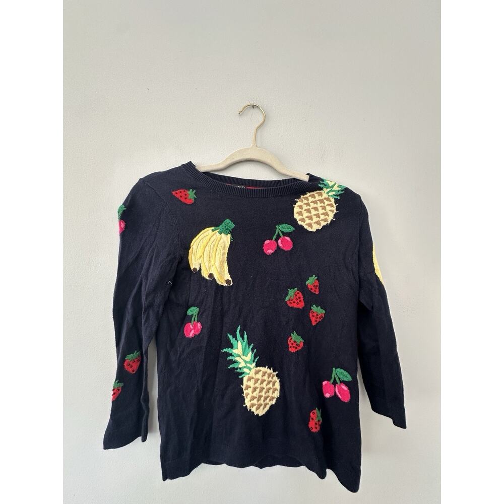 Talbots Navy Blue Fruit Banana Cherry Pineapple Knit Sweater Women Petite
